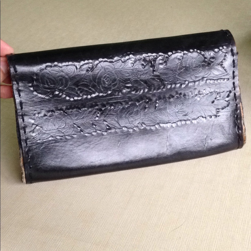 Tooled Leather Clutch Purse Bag Black Handmade - Picture 2 of 7